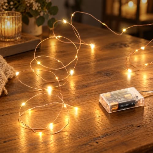Ariceleo Led Fairy Lights Battery Operated, 1 Pack Mini Battery Powered Copper Wire Starry Fairy Lights for Bedroom, Christmas, Parties, Wedding, Centerpiece, Decoration (5m/16ft Warm White)