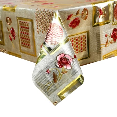 Image of Dakshya Industries PVC Waterproof Withoutlace Dining Table Cover (Size - 54X78 Inch) Rectangle 6 Seater Heat Rasistant, Golden