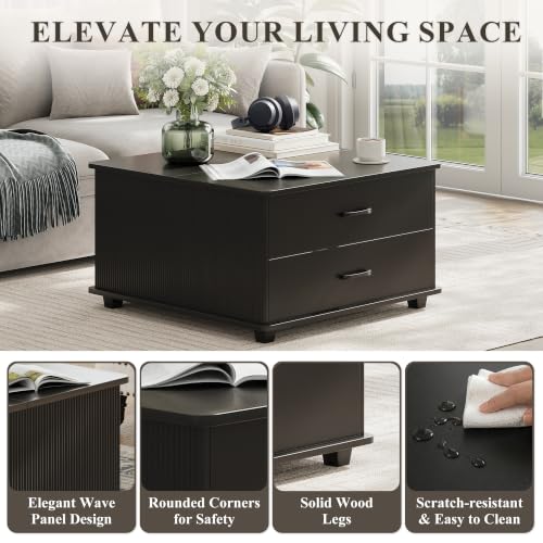 Image of MALOL Storage Coffee Table with 2 Drawers & Flip-Top Lid with Hidden Storage, Modern Fluted Wood Coffee Table, Solid Wood Legs, Square Center Table for Living Room, Black
