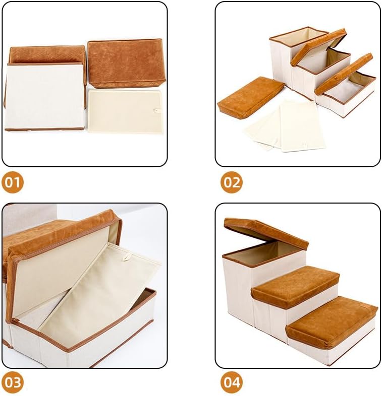 3 Tiers Dog Stairs with Storage Box, Pet Stairs for Beds and Couch, Dog Stairs & Steps for Small Dogs Cats, Climbing Step Stairs Pet Storage Stepper & Safety Ladder for Dogs Cats Small Pets(Brown)