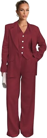 Linen 3 Piece Suits for Women Summer Dressy Casual Womens Pant Suit Wedding Guest Blazer Vest Pants