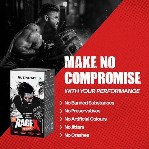 Image of Nutrabay RageX Pre Workout Supplement Powder - 180g (15 Sachets), Orange | 200mg Caffeine, 4g Beta Alanine, 6g L-Citrulline, 600mg L-Arginine, & Black Pepper | Muscle Pump & Performance