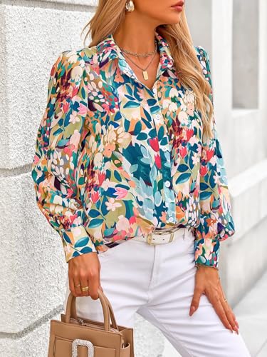 PRETTYGARDEN Women's Floral Blouses Dressy Casual V Neck Button Down Shirts Lantern Long Sleeve Boho Chiffon Fall Tops 20254