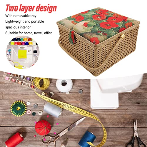 Sewing Basket, Extra Large Capacity Sewing Kit Storage Box Dual Layer Vintage Spools Handmade Sewing Basket with Removable Tray for Needles, Thread, Tape Measure, Thimbles