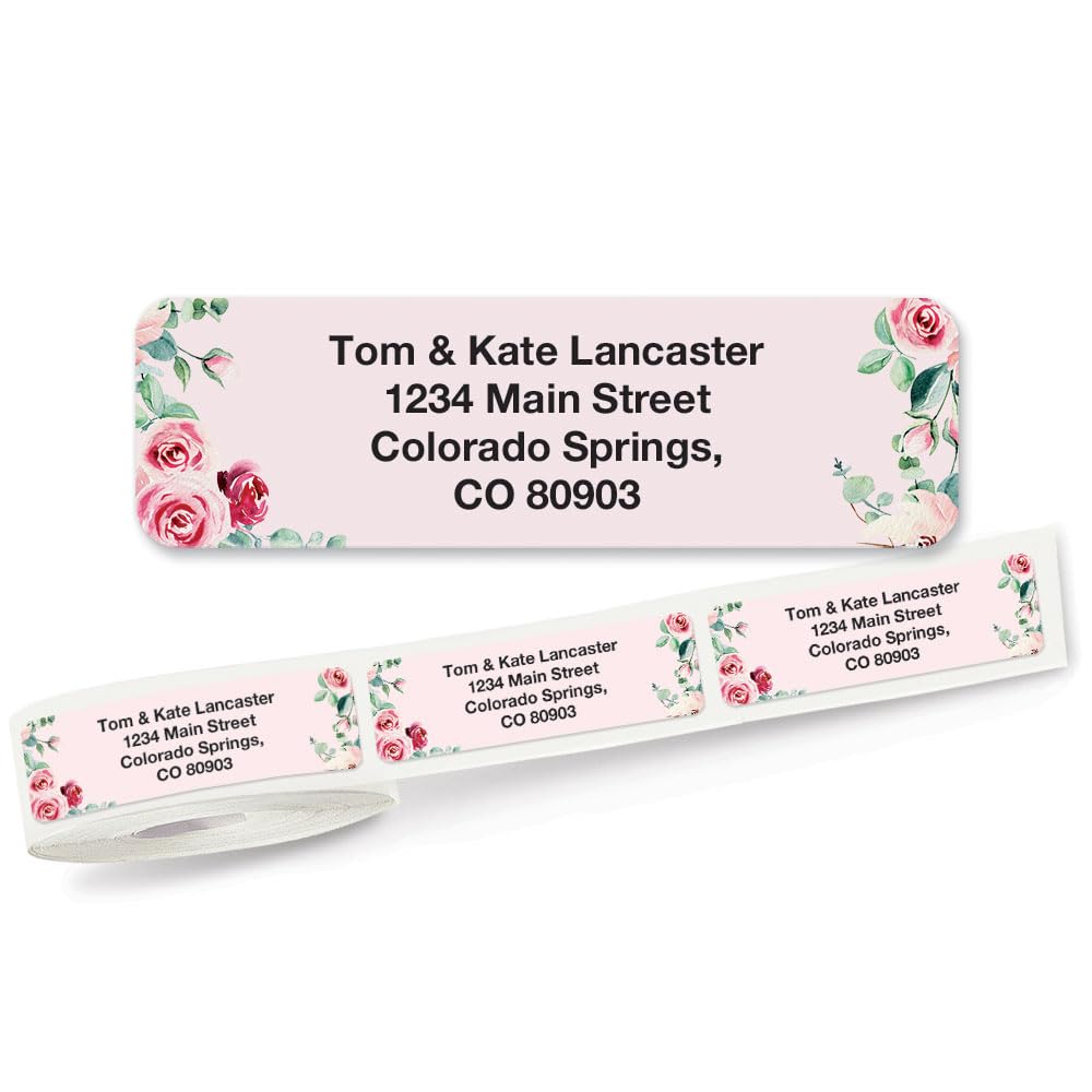 Pink Roses Rolled Personalized Return Address Mailing Labels with Dispenser, Set of 250, Small ¾ x 2½ Inch Size, Custom Self-Adhesive Sticker Roll, by