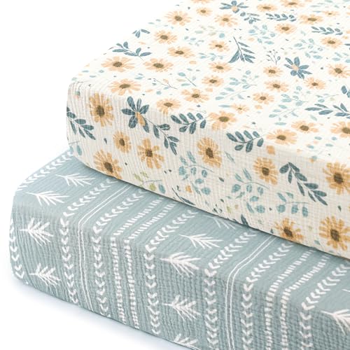 Image of GRSSDER 100% Cotton Muslin Crib Sheet 2 Pack - Breathable & Ultra-Soft Fitted Crib Sheets for Standard Baby & Toddler Mattresses, 52 inchx28 inch with 9 inch Deep Pocket, Snug Fit All-Around Elastic
