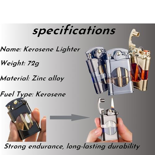 Encendedor de queroseno con brazo basculante, tanque visible y diseño reutilizable resistente al viento 5