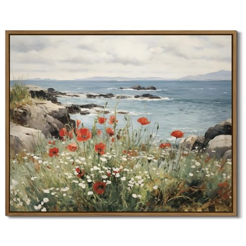 Nature Landscape Wall Art Floral Ocean Theme Pictures Wall Decor Red Poppy Canvas Prints Shoals Coastal Scenery Painting Framed for Living Room Bedroom Bathroom Home Office Decoration Gifts, 8x10 Inch