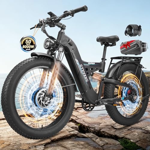 8000W Peak Dual Motor Ebike for Adults 50MPH Max Speed Fast Electric Bike 26 Fat Tire Full Suspension E-Bike Up to 100 Miles Long Range Adjustable Stem Electric Mountain Bike for Off-Road Commuter