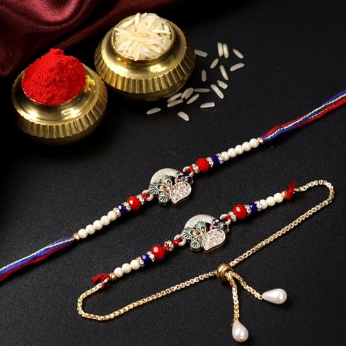 Image of Oblivion Rakhi Set for Brother and Bhabhi - Peacock with Feather Gift for Bhai & Lumba for Bhabhi with Silver Colour Coin and Greeting Card - Raksha Bandhan Combo