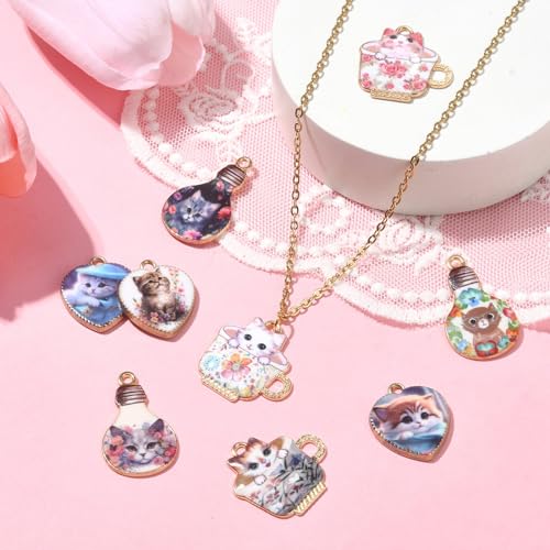 Stiesy 45Pcs 9 Styles Enamel Cat Charms Heart Lamp Bulb Cup with Cat Pendant Charm Printed Animal Dangle Charms Bulk for Jewellery Making Bracelets Crafting - Image 4