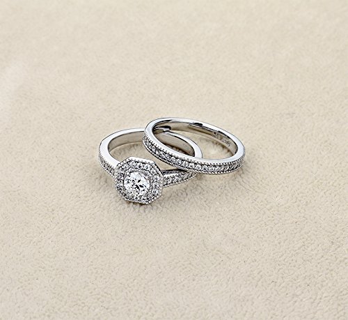 Rhodium Plated Sterling Silver Wedding & Engagement Ring 1 Carat Simulated Diamond Vintage Style 2 Pcs Engagement Ring Set For Women Band Width 5Mm (Size 5 To 9) Size 5 #TOP1