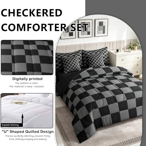 Image of Checkered Retro Comforter Set King Size 7 Pieces Black Grey Plaid Bedding Set for Kids Boys Girls Geometric Vintage Bed in a Bag Modern Simple Groovy Aesthetic Bedroom Decor Quilted Lightweight