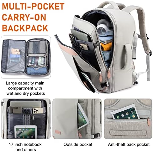 LOVEVOOK Travel Backpack, Carry On Bag Cabin Size for Women, Waterproof Suitcase Backpacks Fit 15.6 Inch Laptop, Flight Approved Rucksack for Weekend Overnight Hiking Business Airplanes, Grey