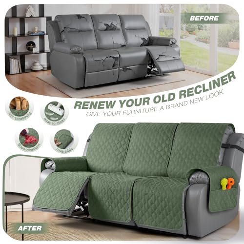 Image of TAOCOCO 100% Waterproof Recliner Covers, Recliner Sofa Covers with Leg Straps, Reversible Recliner Couch Cover for Reclining Chair, Washable Couch Protector for Pets Kids(3 Seater, Moss Green)