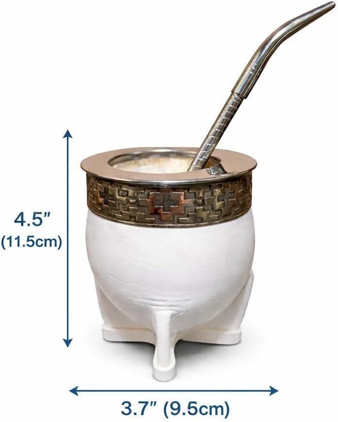 Yerba Mate Cup Set with Straw (Bombilla), Imperial Argentina-Style Mate Cup with Calabash Interior, White Leather Wrap, Alpaca Silver Band and Steel Rim, Handmade Argentino Craft (Geometric Band)