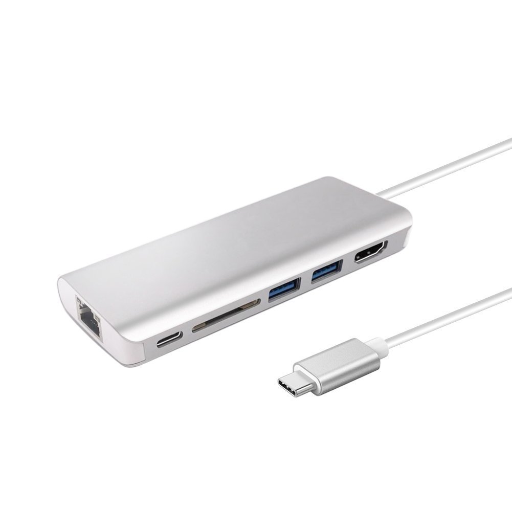6 in 1 USB C (Thunderbolt 3) a HDMI 4K, due porte USB 3.0, lettore di schede (scheda SD), porta di ricarica USB C e adattatore Gigabit Ethernet in lega di alluminio per MacBook ecc. (argento)