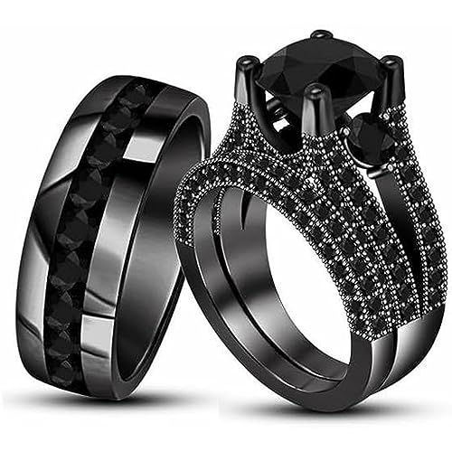 Created 925 Sterling Silver 14K Black Gold Finish Round Shape Black Diamond Wedding Engagement Band Trio Ring Set for Him & Her
