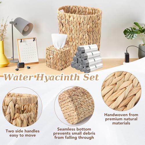 Image of BSSN 4 Gallon Wicker Trash Can Handwoven Bathroom Trash Can,Square Water Hyacinth Tissue Box Cover, Narrow Small Waste Basket,White 150 Count 5 Gallon Trash Bags Rustic Decor Set for Bedroom & Office