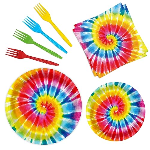 BQK 96 Pcs Rainbow Tie Dye Plates & Napkins Party Supplies - Tie Dye Birthday Decorations & Party Favors