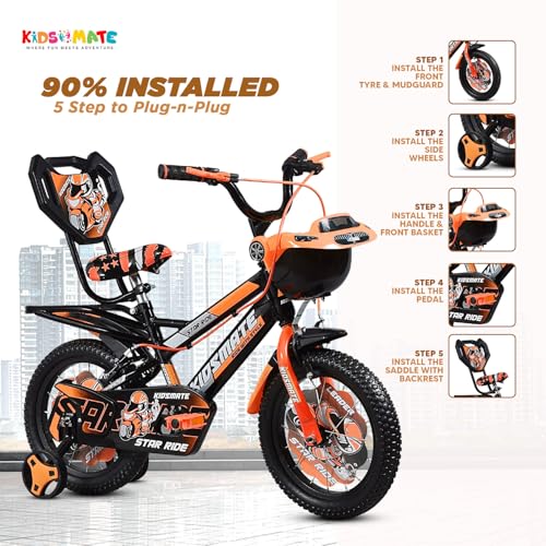 Image of Kidsmate Star Ride 14T Kids Bicycle with Training Wheels | Cycle for Kids Featuring Front Basket, Adjustable Seat & Strong Steel Frame | Perfect First Ride Kids Cycle for 2-5 Years - Neon Orange