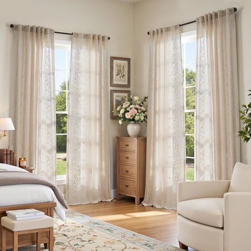 Image of jinchan Ivory Floral Linen Curtains for Living Room 84 inch Back Tab 4 Panels