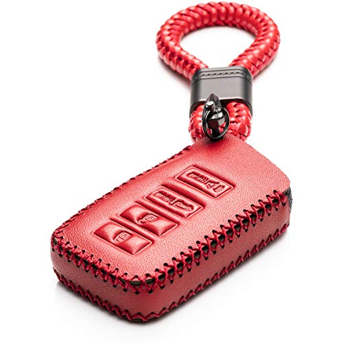 Vitodeco Genuine Leather Smart Key Fob Case Cover Protector with Key Chain Strap - Compatible for Lexus UX, NX, RX, GX, LX, is, ES, GS, LS (2014-2021 Models) - 4-Button, Red