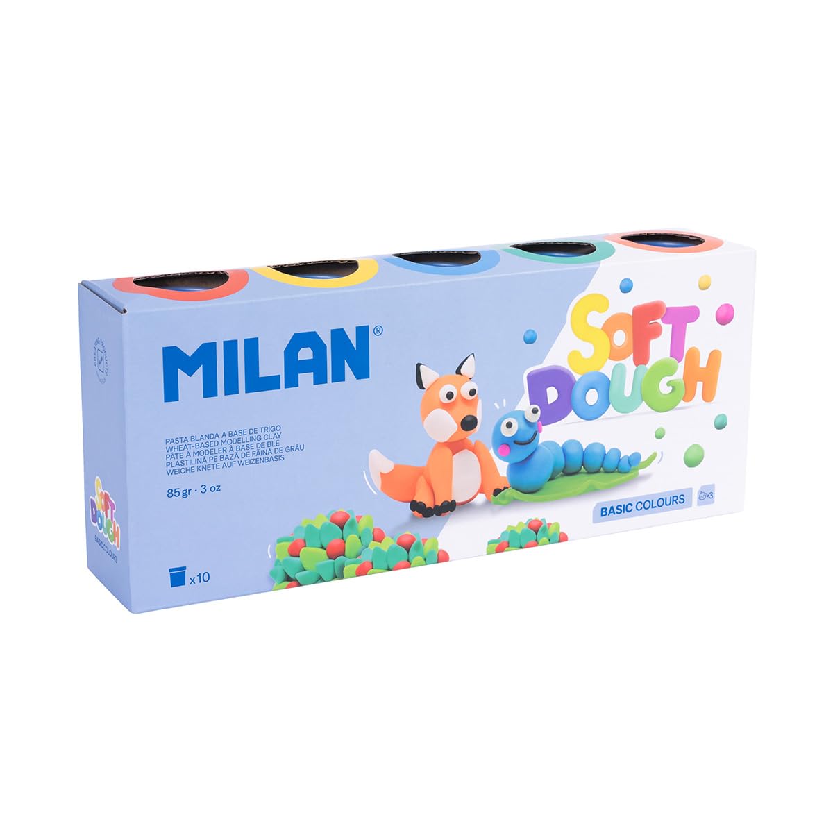 MILAN® Box of 10 x 85 g Soft Dough Modelling Paste - White, Yellow, Orange, Red, Pink, Lilac, Blue, Light Green, Green and Black.