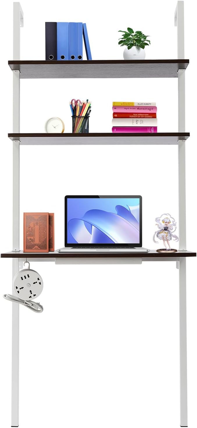 2-Shelf Industrial Wall Mount Ladder, Wall Mount Computer or Writing Desk, Computer Laptop Desk with Shelves, Floating Desk with Storage, Wall Table for Home Office, White (20"x30"x72.5")