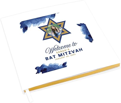 Andaz Press Libro de invitados personalizado de barmurciélago Mitzvah con detalles dorados, foto personalizada en acuarela, 120 páginas, 8.5 x 8.5