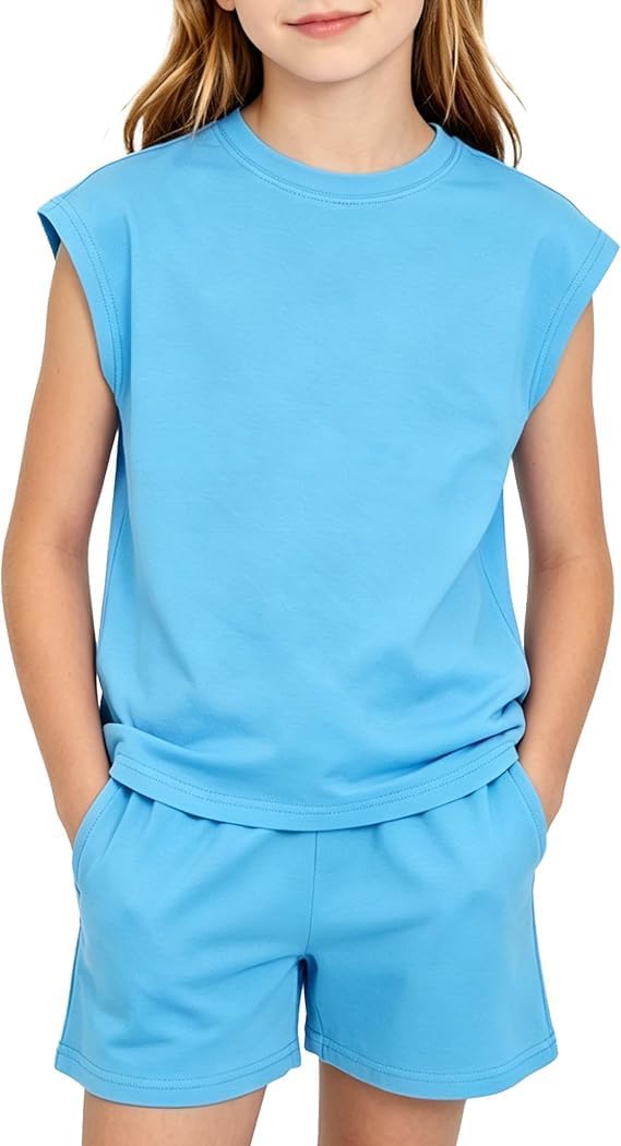 Girls 2 Piece Outfits Girl Summer Clothes Cap Sleeve T Shirt Kids Athletic Sets Teen Cute Short Set 5-14 Years