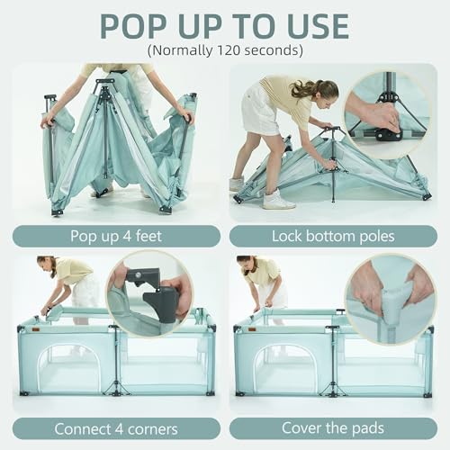 Image of 50x50inch Foldable Baby Playpen for Babies and Toddlers | Baby play pen with 50 PCS Ocean Balls & 2 Handles, Indoor & Outdoor Kids Safety Play Pen Area, Portable Travel Play