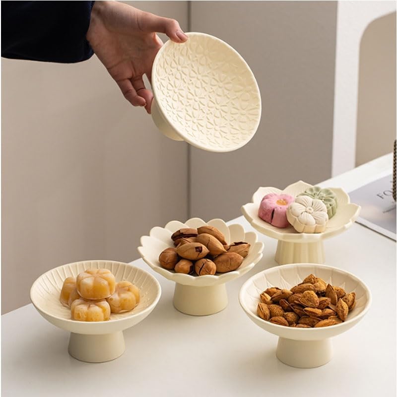 Ceramic High Legged Cream Feng Shui Fruit Platter Plate of Afternoon Tea Snacks Pastries