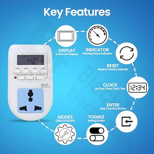 Image of BlacktElectrotech (BT41P) : 230V /10Amps (24x7) Digital Programmable Timer Socket Type for Mobile Charging, Lightning Control, Glow Sign Board ETC