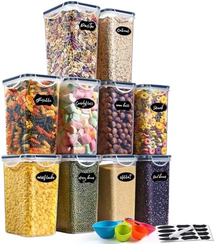 Airtight Food Storage Containers with Lids, 10pcs Plastic Kitchen and Pantry Organization Canisters for Cereal, Dry Food, Flour and Sugar, BPA Free