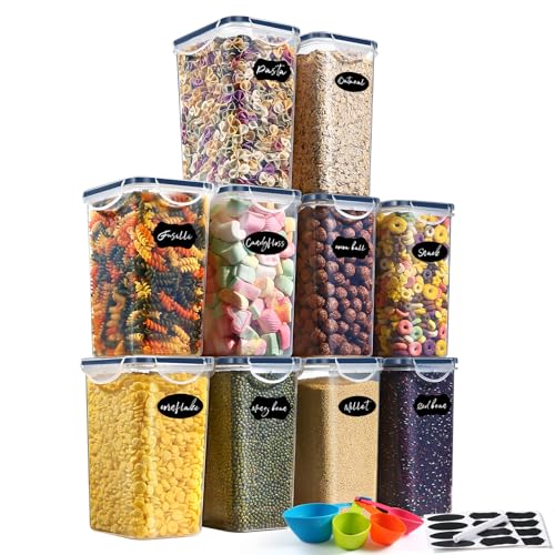 YASHE Food Storage Containers with Lids Airtight, Set of 10 * 1.5L, Plastic Cereal Storage Containers, BPA Free, Kitchen Storage Containers for Dry Food, Flour & Sugar, with Labels, Marker & Spoon