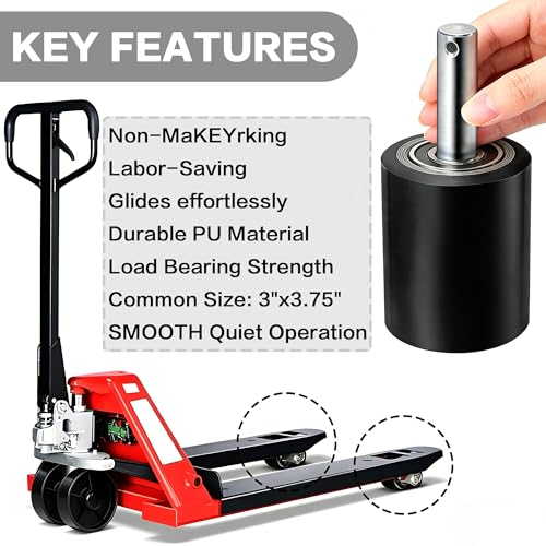 Image of Heavy Duty Pallet Jack Load Wheels Replacement Kit 3 inchx3.75 inch (Black,2 Pair) | Including PU Tread Wheel,Pre-Installed Bearings ID 20mm,Axles(Length 4.8 inch) & Pins, Also for Manual Hand Lift Truck Rear