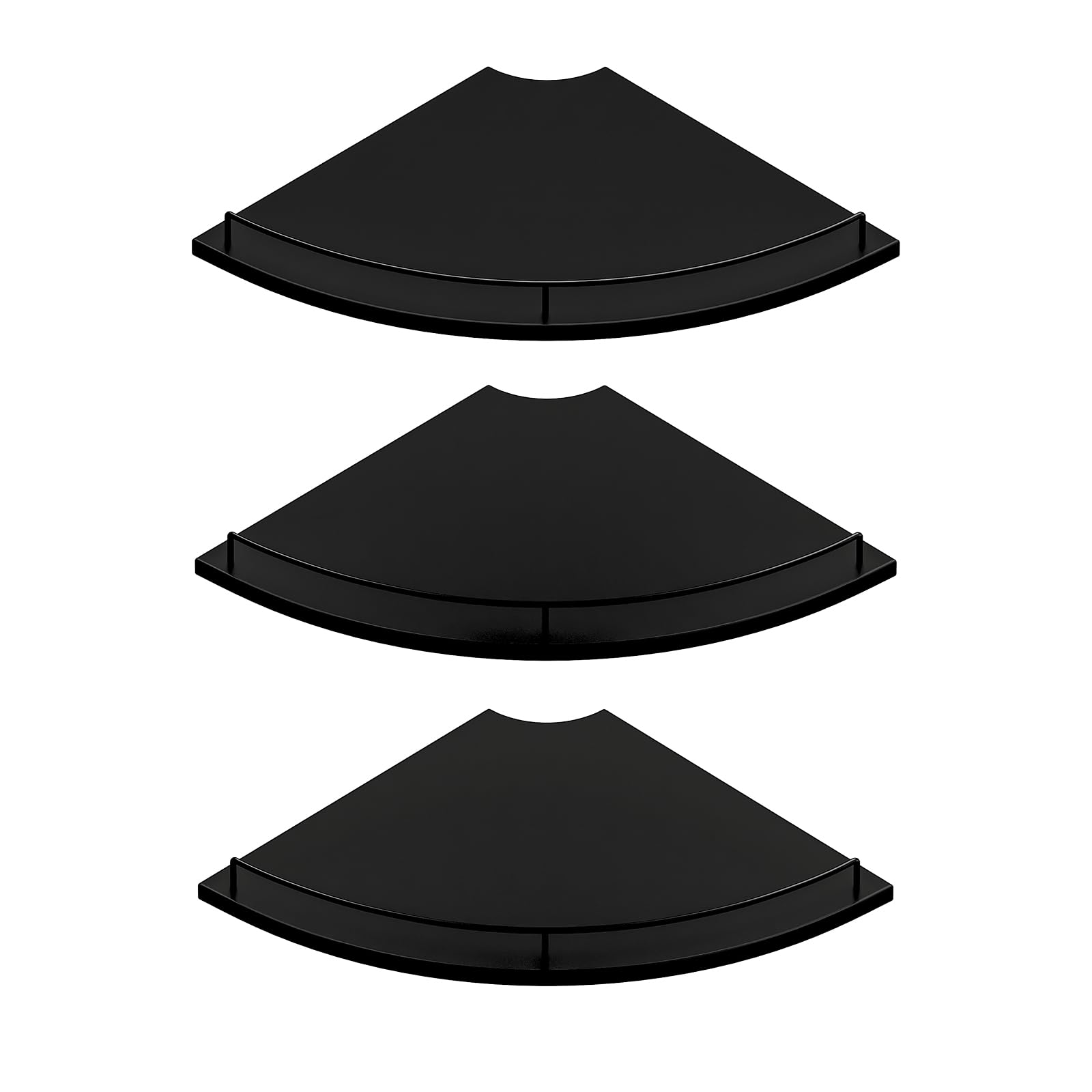 JJL Corner Shelf Wall Mounted, 12 Inches 3-Tier Floating Corner Shelf, Fan-Shaped Rustic Wood Decor with Fence, Black Wall Storage for Apartment Bedroom Kitchen Bathroom