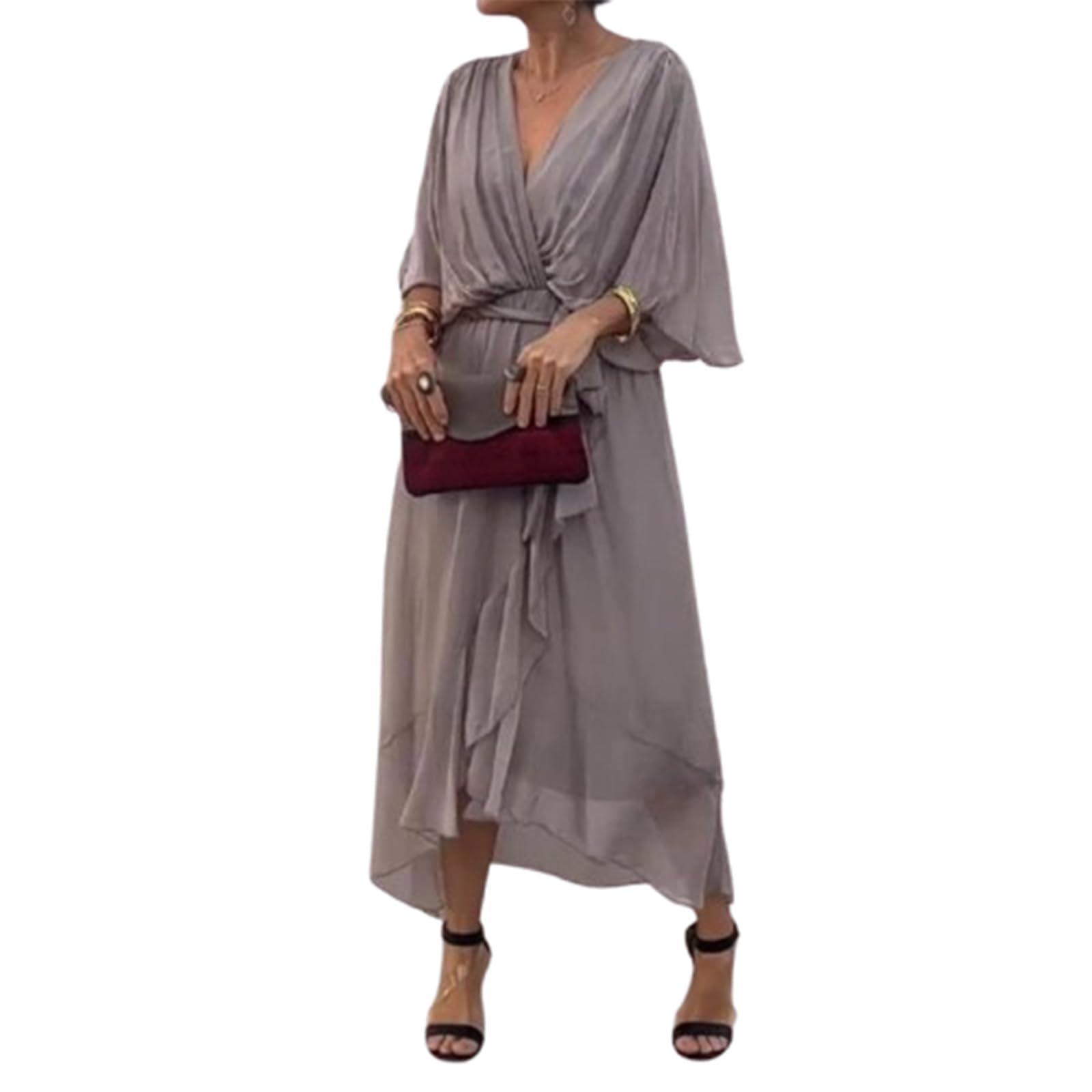 Generisch Keepholdon Elegante y elegante vestido largo con cuello en V, vestido de playa de gasa para mujer, de cintura alta