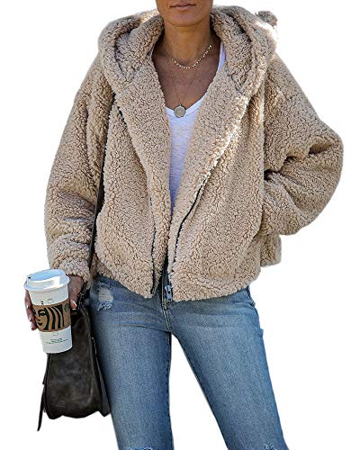 Dellytop Women's Fuzzy Fleece Sherpa Jacket Coat Warm Winter Faux Fur Shearling Jacket Coat with Pockets Khaki