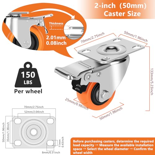 ASRINIEY Caster Wheels, 2" Casters Set of 4 Heavy Duty - Locking Casters Orange Polyurethane Wheel, Swivel Plate Caster with Brake, Non-Marking Castor Wheels for Carts Furniture and Workbench — view 3