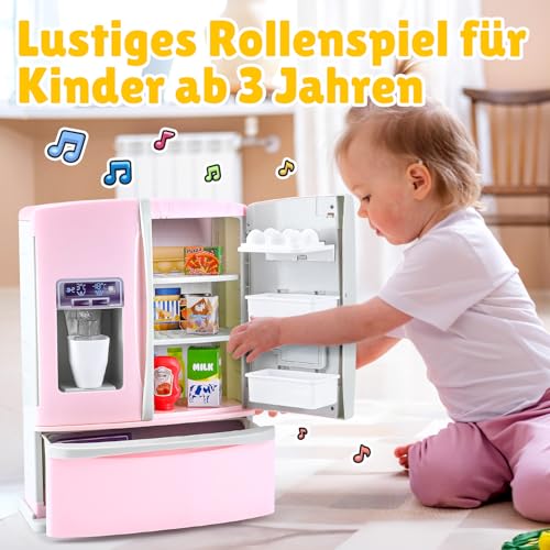 PLAY Küche Kinder Kühlschrank Spielzeug mit Eisspender, Spielküche Zubehör Set mit Kinderkühlschrank, Lebensmittel Spielzeug, Eiswürfel, Effetti Sonori Realistici, Geschenk Küchengeräte für Kinder 3+