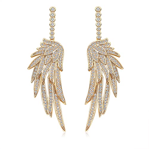 S925 Sterling Silver Post Dangle Drop Angel Wings Earrings for Women Gold Blue Cubic Zirconia Crystal Guardian Angle Dangling Earrings for Wife Mom Her