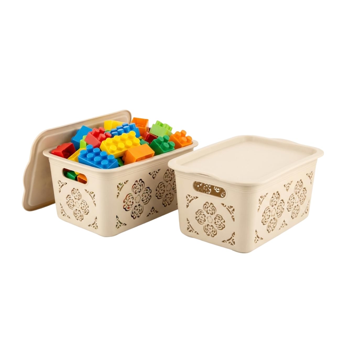 HOMESHOPA Small Plastic Storage Baskets with Handles and Lids, 2 Pack Beige Stackable Storage Containers Bins for Kitchen, Bathroom, & Office Shelf Narrow Boxes — image 1