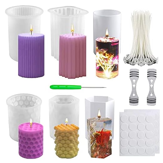NICAVKIT 6Pcs stampi per candele in silicone,3D Cilindriche stampi per candele e stoppini per candele, per versare come decorazioni per la casa fai da te, candele profumate e sapone