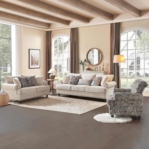 Image of 3 Piece Living Room Set, Modern Farmhouse Chenille Sofa and Loveseat with Nailhead Trim, Floral Accent Chair, 9 Accent Pillows Included