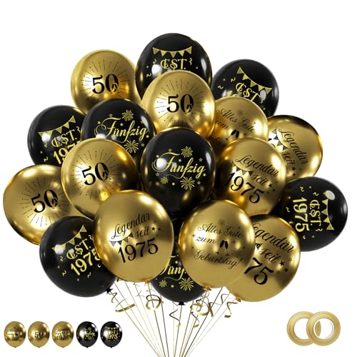 WenmthG 30 Stück Luftballons 50. Geburtstag Deko - 50 Geburtstag Männer - 5 verschiedene deutsche Textmotive, jeweils 6 Stück - Ø 27 cm - Schwarz Gold