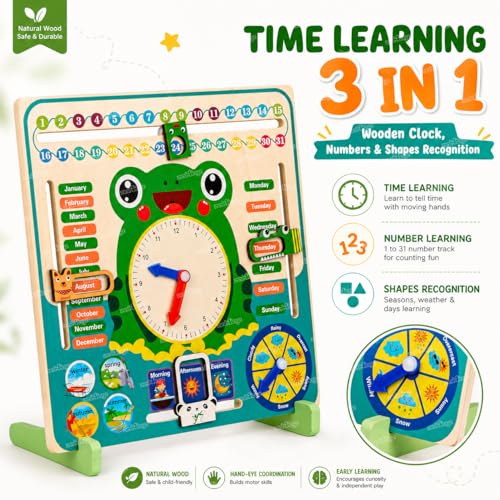 Image of Zest 4 Toyz Wooden Calendar Clock Toy for Kids Learning Calendar Board with Months Days Seasons Weather Shape Recognition Educational Toys for Kids Montessori Preschool Activity Toy for Kids 3+ Years
