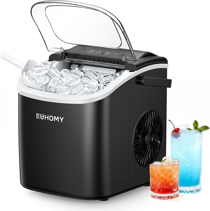 Image of EUHOMY Countertop Ice Maker Machine with Handle, 26.4lbs in 24Hrs, 9 Ice Cubes Ready in 6 Mins, Self-Cleaning Portable Ice Maker with Basket and Scoop, for Home /Kitchen /Camping /RV. (Black)