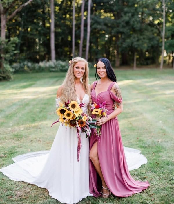 Damen Chiffon Brautjungfernkleid Lang - Off Shoulder V-Ausschnitt A-Linie Abendkleider Mit Schlitz Für Hochzeit Party Ball Festliche Kleider